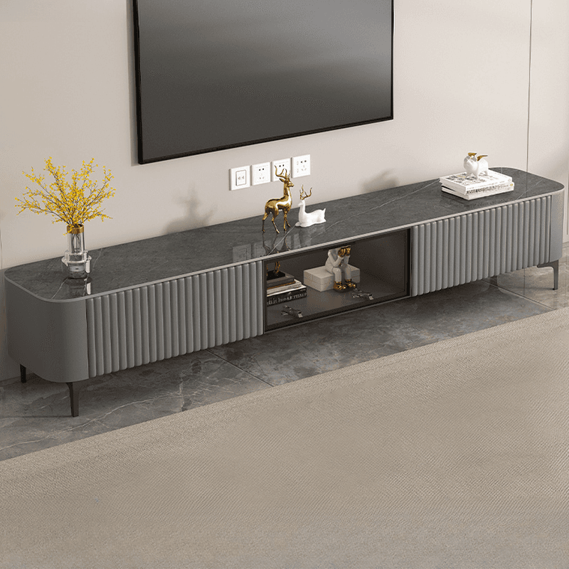 Simplistic Rectangular Vitreous TV Stand with Locker, Cable Management & 2 Drawers thumbnail 1