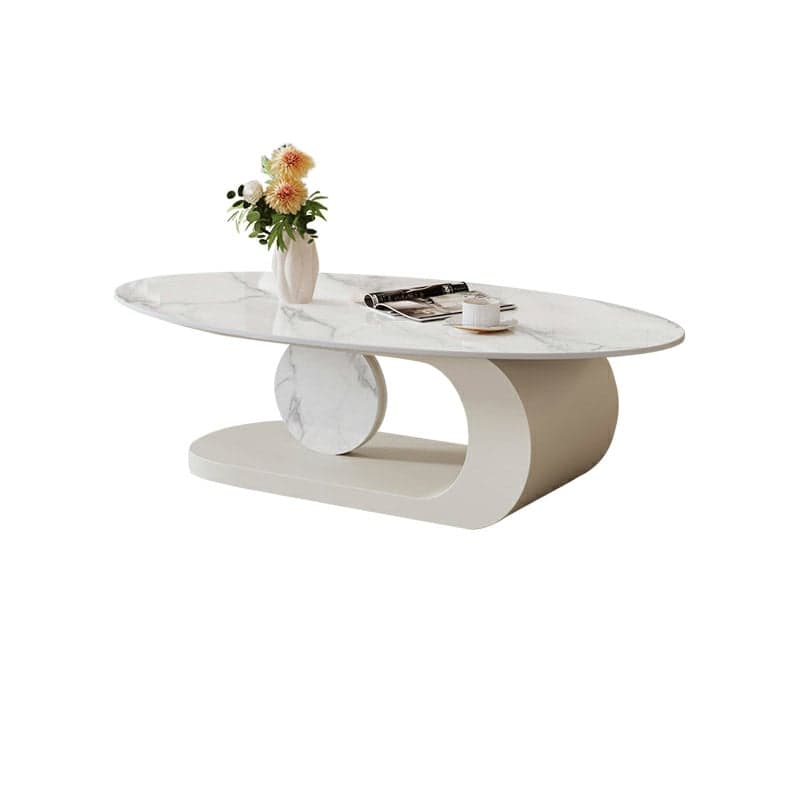 Elegant Stone Oval Coffee Table with Iron Block Base for Living Room thumbnail 4