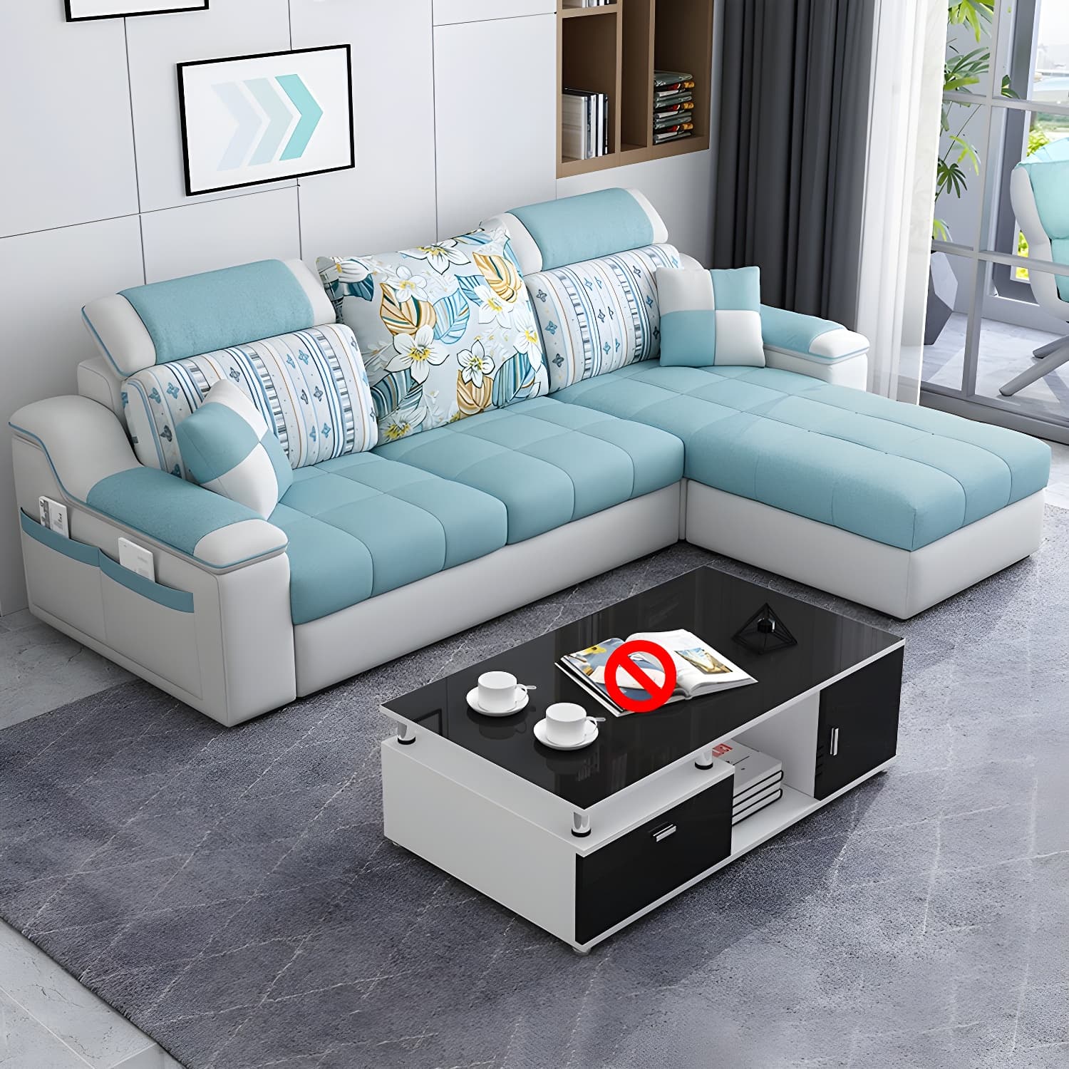 Reversible L-Shape Scandinavian Sectional Sofa with Ottoman and Adjustable Headrest in 2 Piece Set thumbnail 7