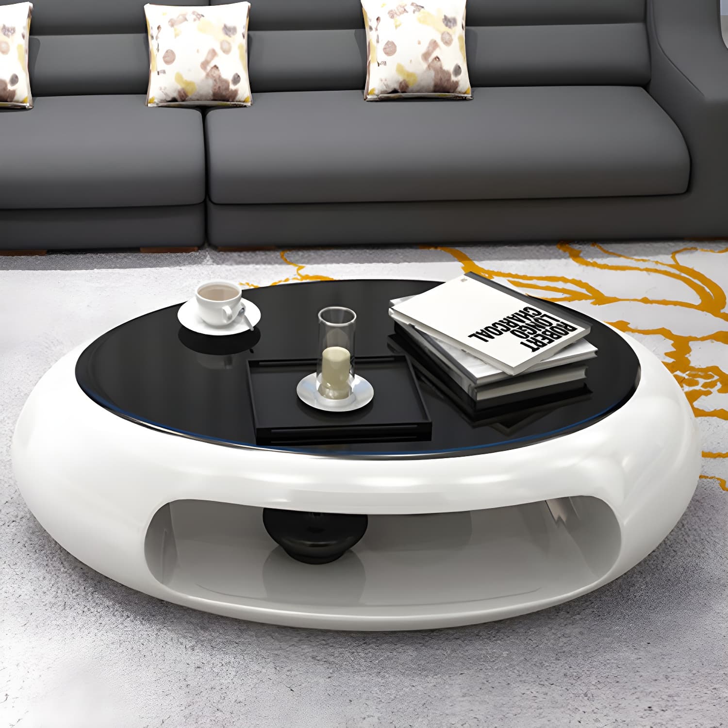 Modern Oval Coffee Table with Storage Shelf and Plastic Pedestal Base thumbnail 4