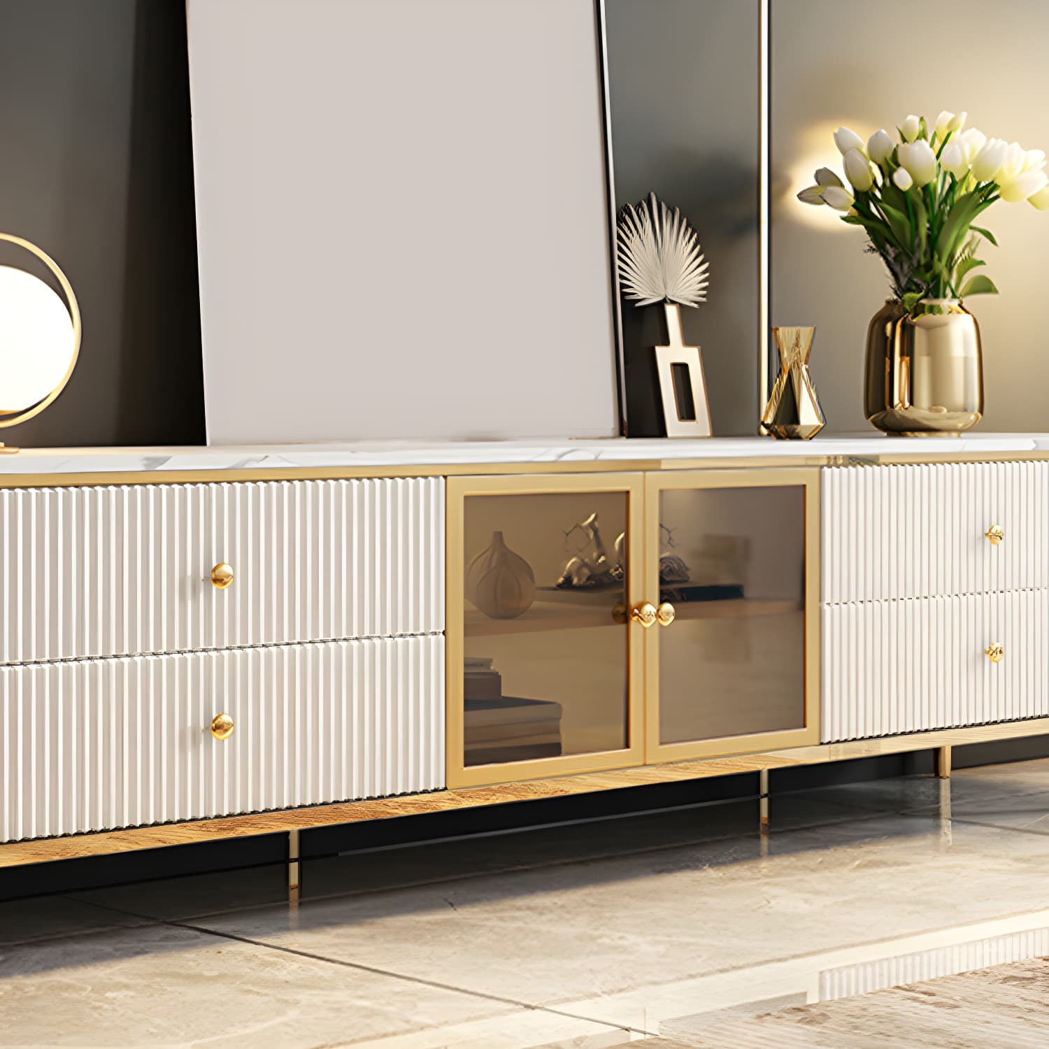 Modern TV Media Console Stone TV Stand Console with 4 Drawers thumbnail 6