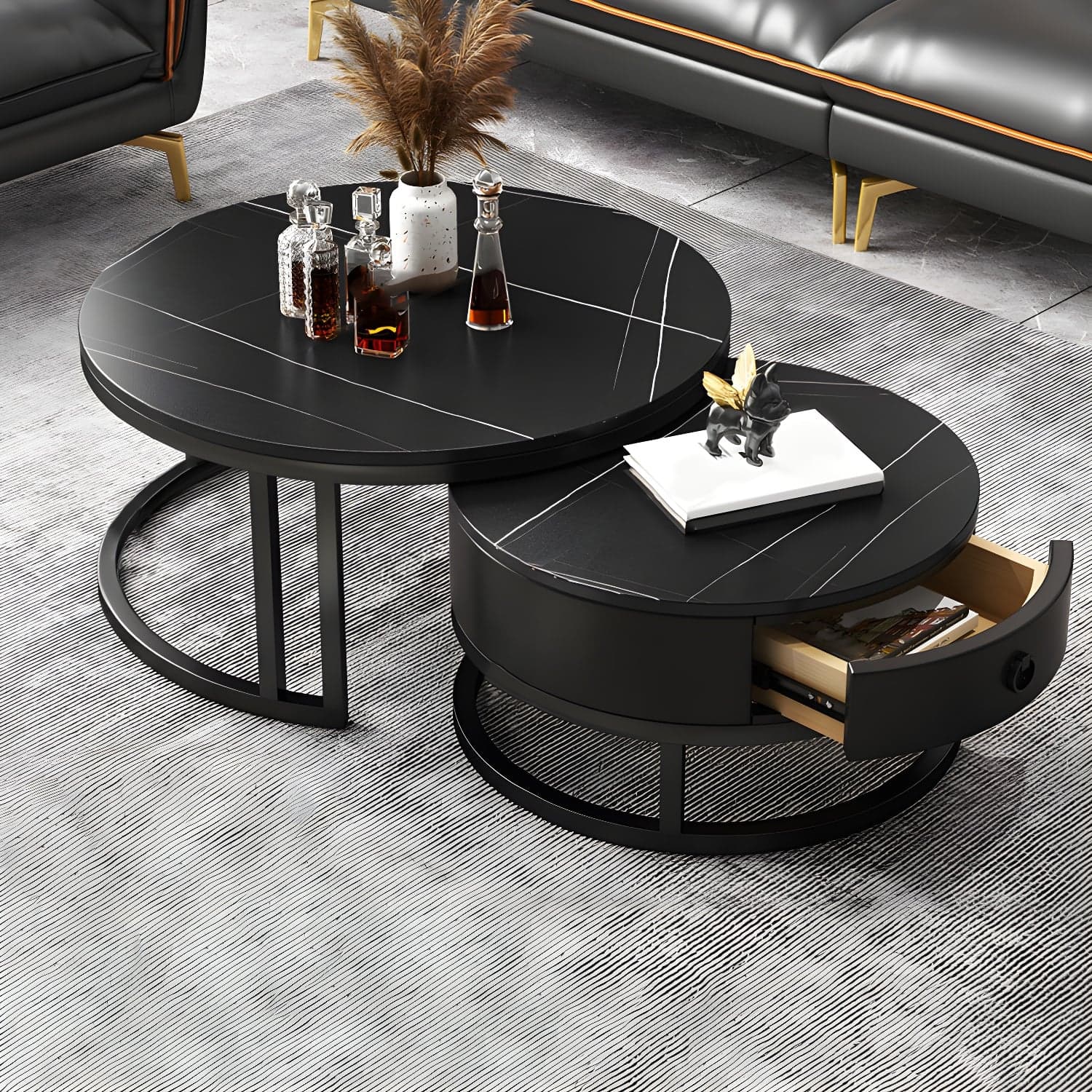 Modern Nesting Coffee Table Set Frame Round Coffee Table Set with Drawer thumbnail 1
