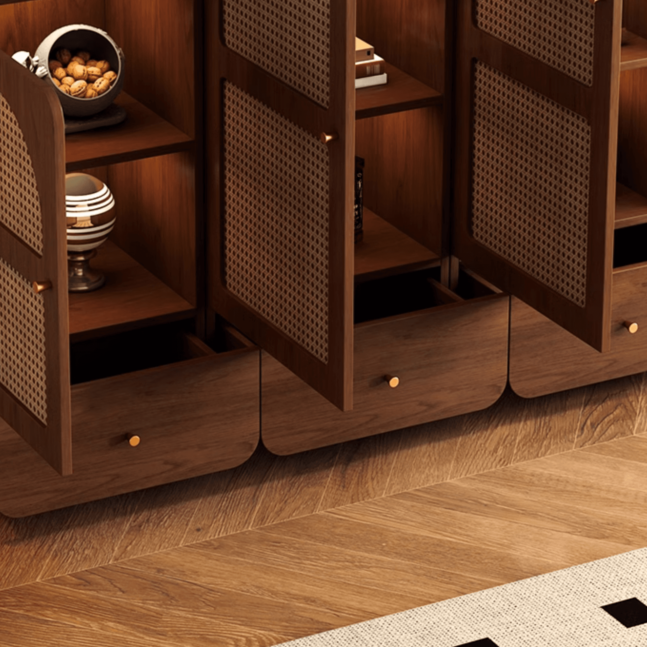 Simple Rectangular Accent Cabinet with Storage, Engineered Wood Countertop, Pull Knobs, Auburn Top, and Soft Close Drawer thumbnail 9