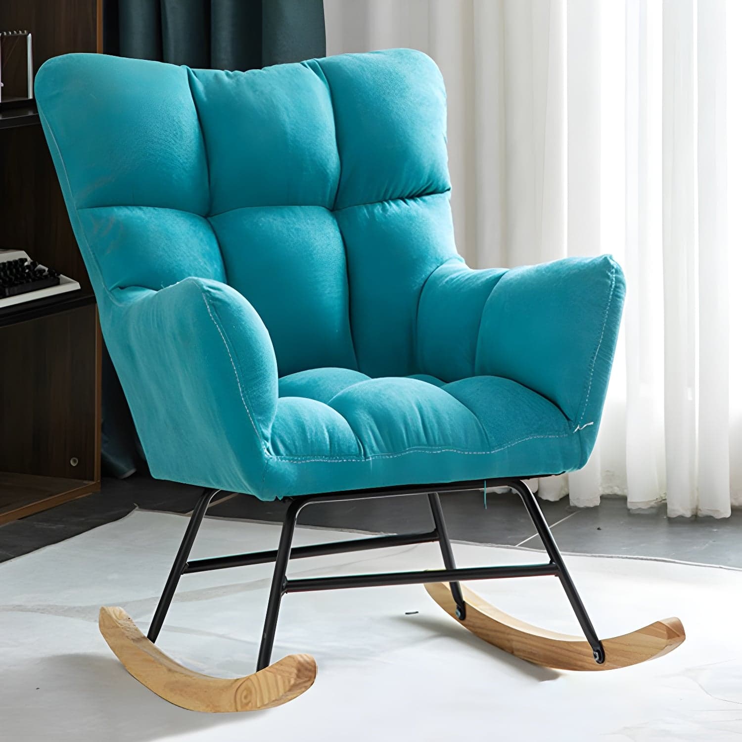 Modern Rocker Chair Upholstered Dark Legs Glider Button-Tufted
