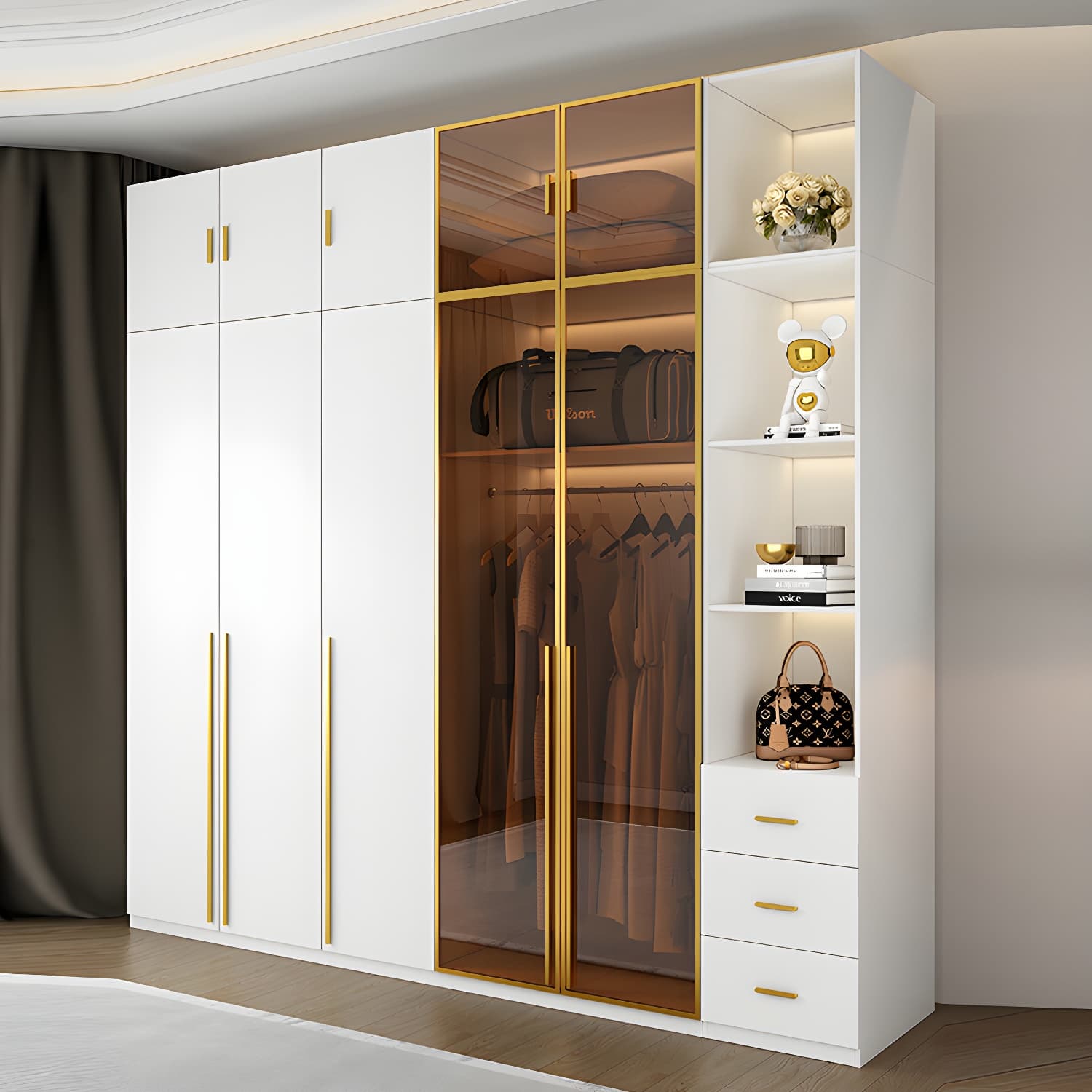 Modern White Wood Frame Wardrobe Armoire Freestanding Wardrobe with Soft Close Drawers thumbnail 1