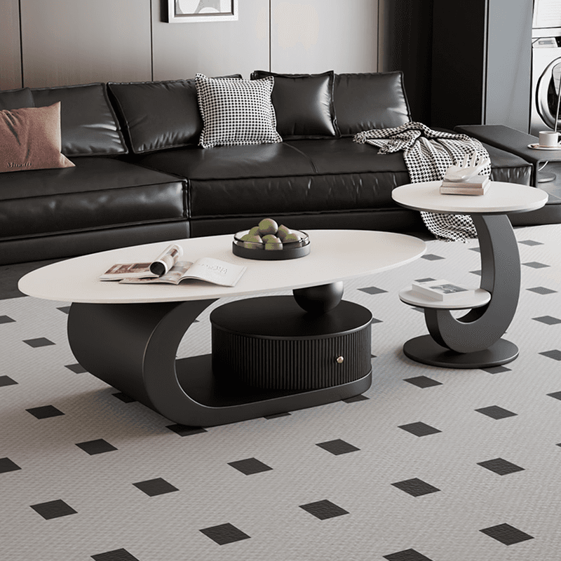 Modern Farmhouse Bunching/Single Coffee Table with Chalk Oval Slate Top, Plinth Base, and 1 Drawer thumbnail 5