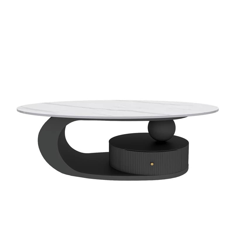 Oval White Stone Modern Coffee Table with Metal Abstract Base thumbnail 11