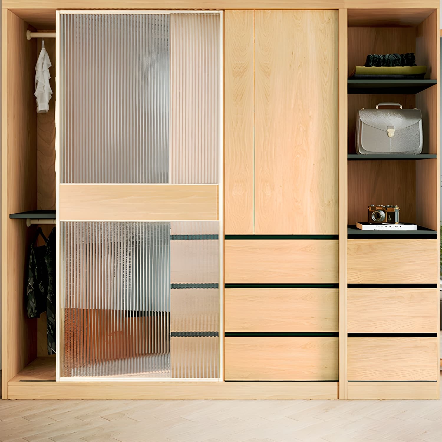 Engineered Wood Wardrobe Armoire with Drawer Modern Wardrobe Closet thumbnail 9