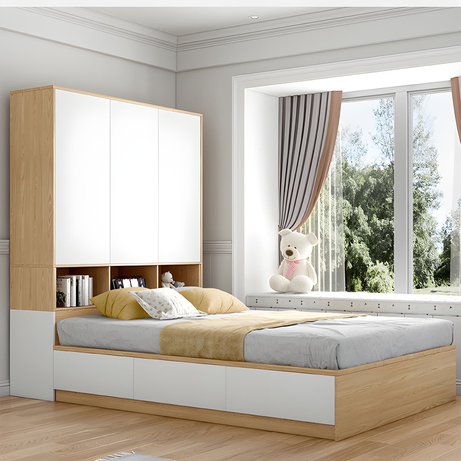 Modern Wood Platform Bed Frame Natural No Distressing Bookcase thumbnail 2