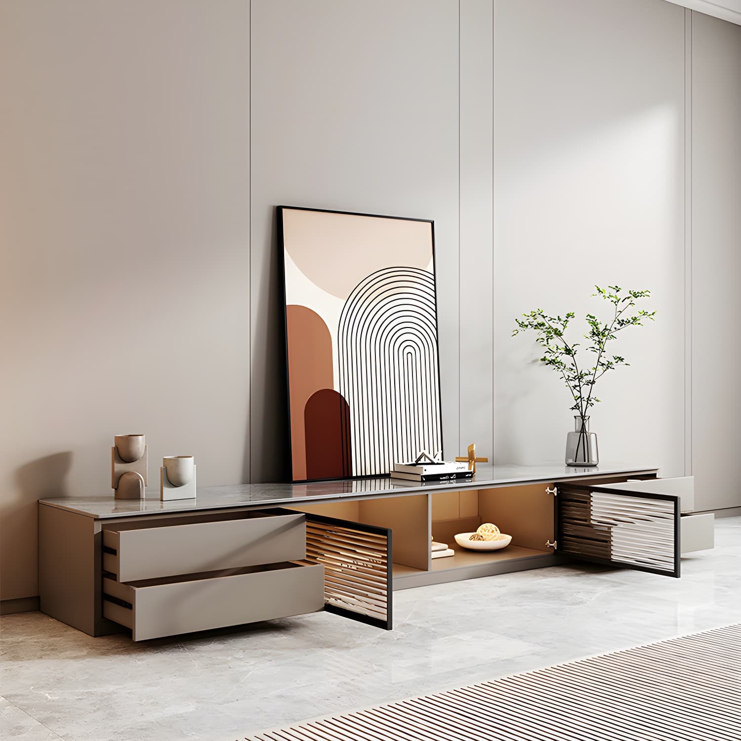 Champagne Stone TV Stand with Drawers and Cabinet for Modern Style and Cable Management thumbnail 3