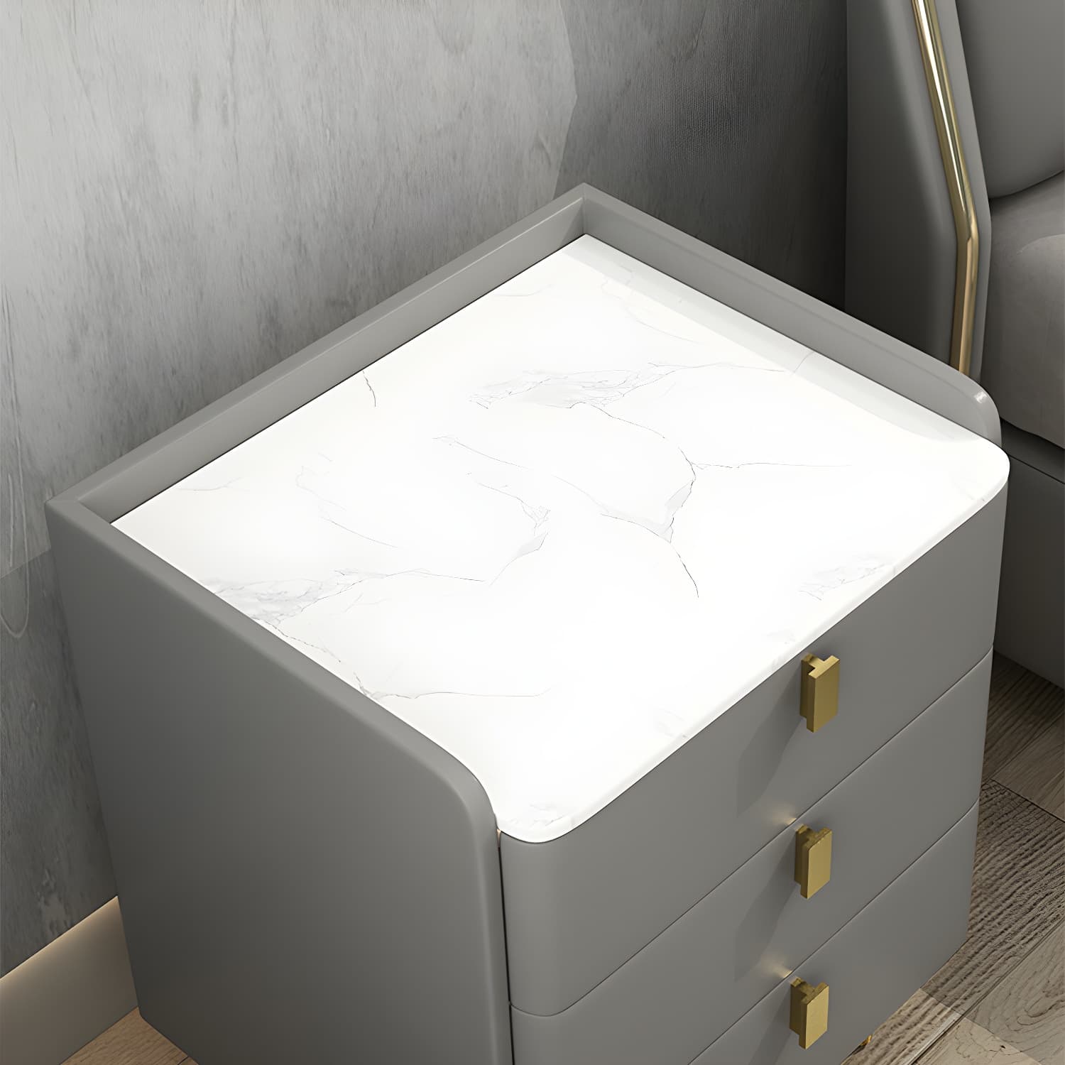 Faux Leather Nightstand Modern 3 - Drawer Nightstand with Stone Top thumbnail 14
