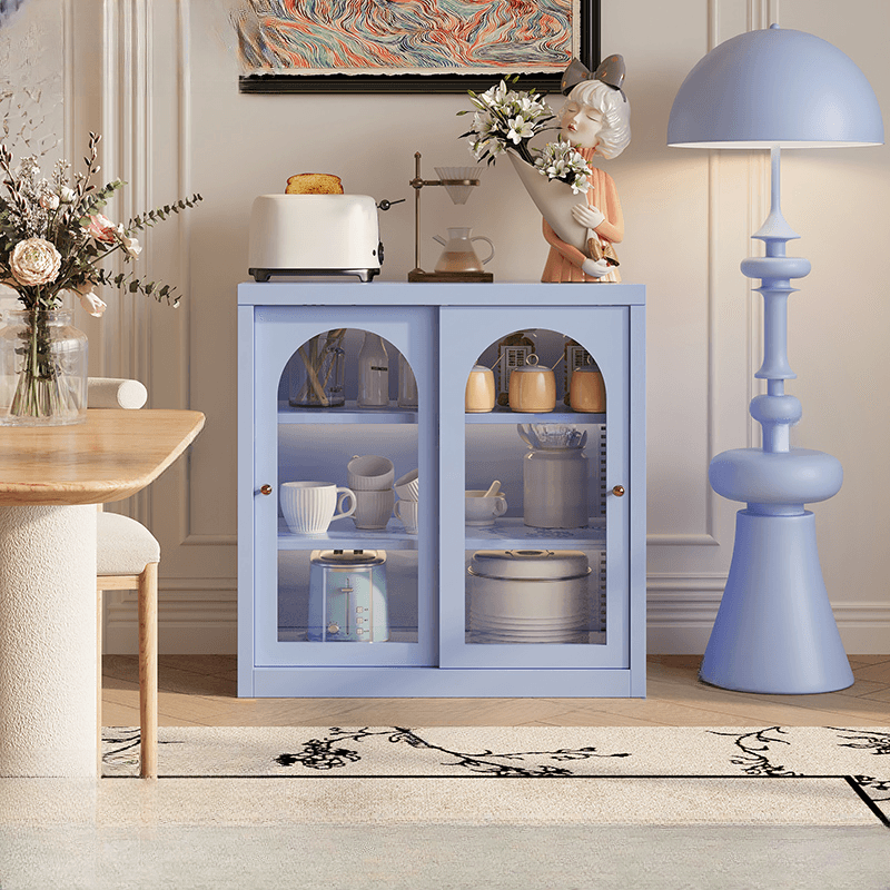 Simple Narrow Iron Countertop Sideboard with Cupboard, Glass Doors, and Changeable Shelf thumbnail 2
