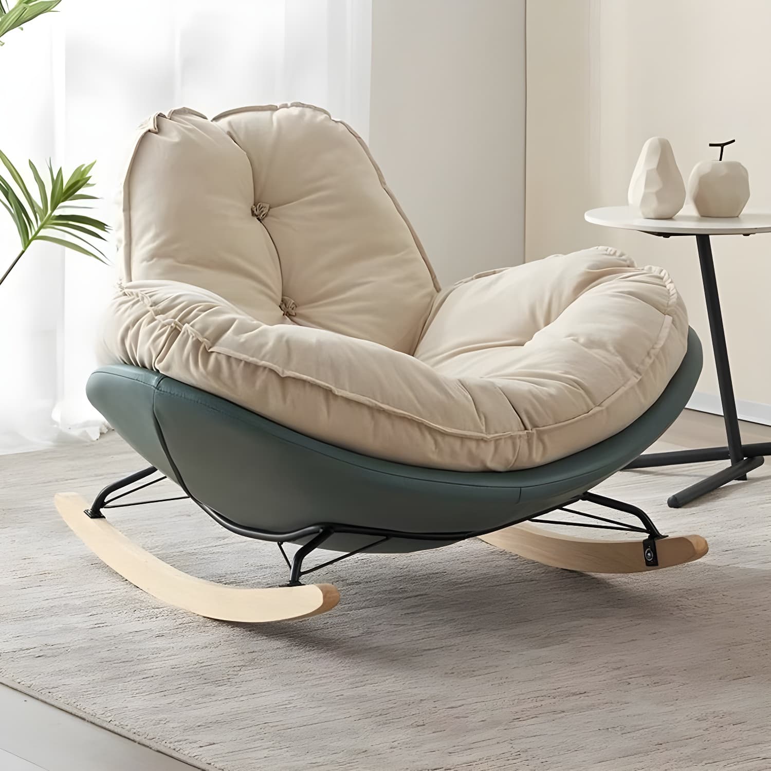 Modern Rocking Chair with Metal Frame and lint Upholstered, Solid Wood Legs and Armless Design - image 8