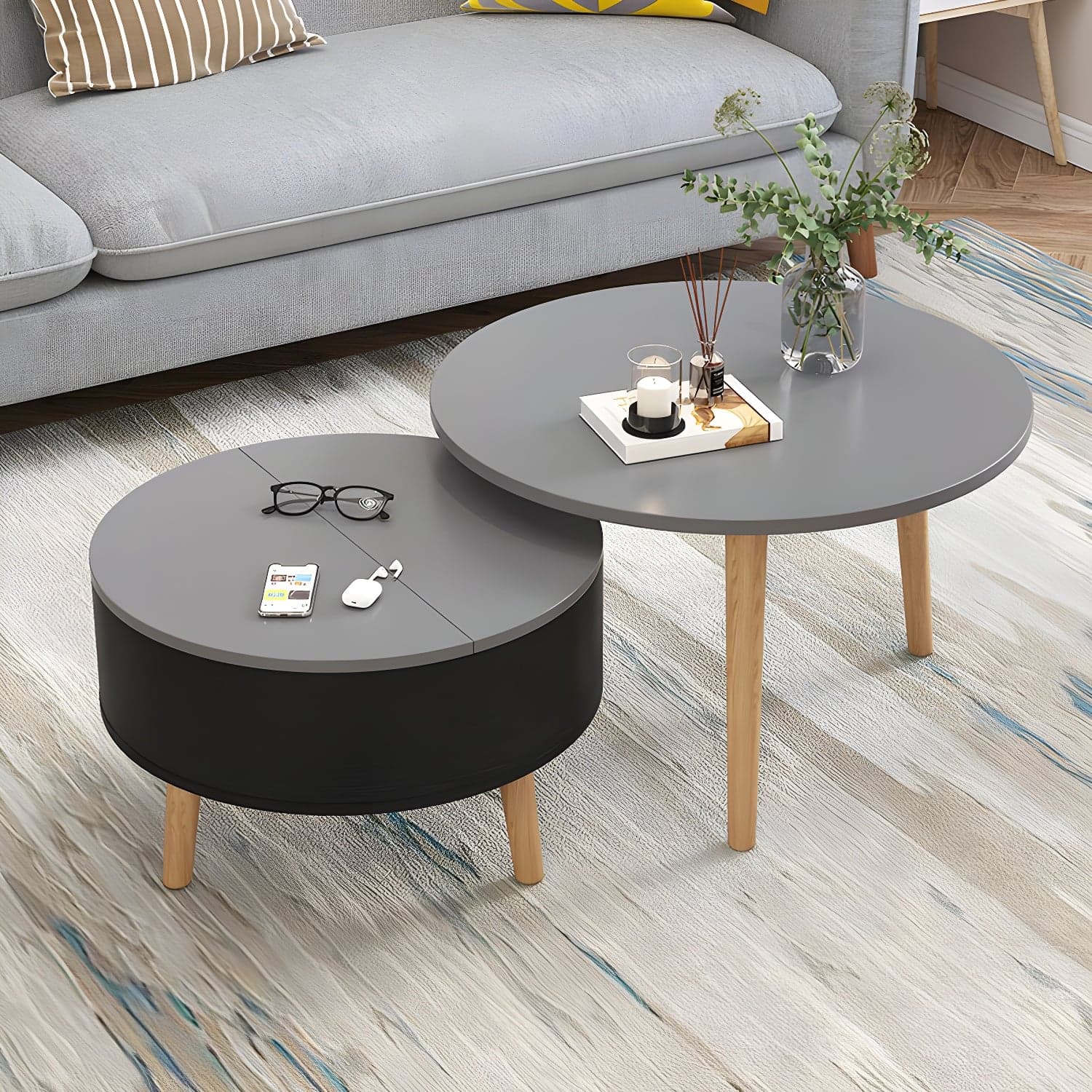 Round Solid Wood 3 Legs Coffee Table with Storage Drawers Modern Cocktail Table thumbnail 4