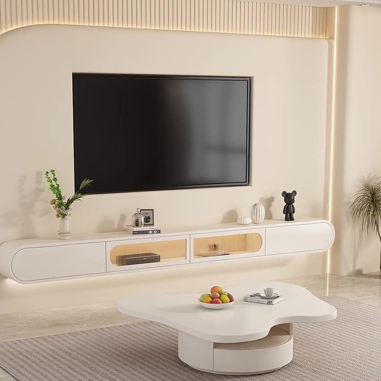 Beige Wood TV Stand with Drawers and Cabinet for Modern Style thumbnail 2