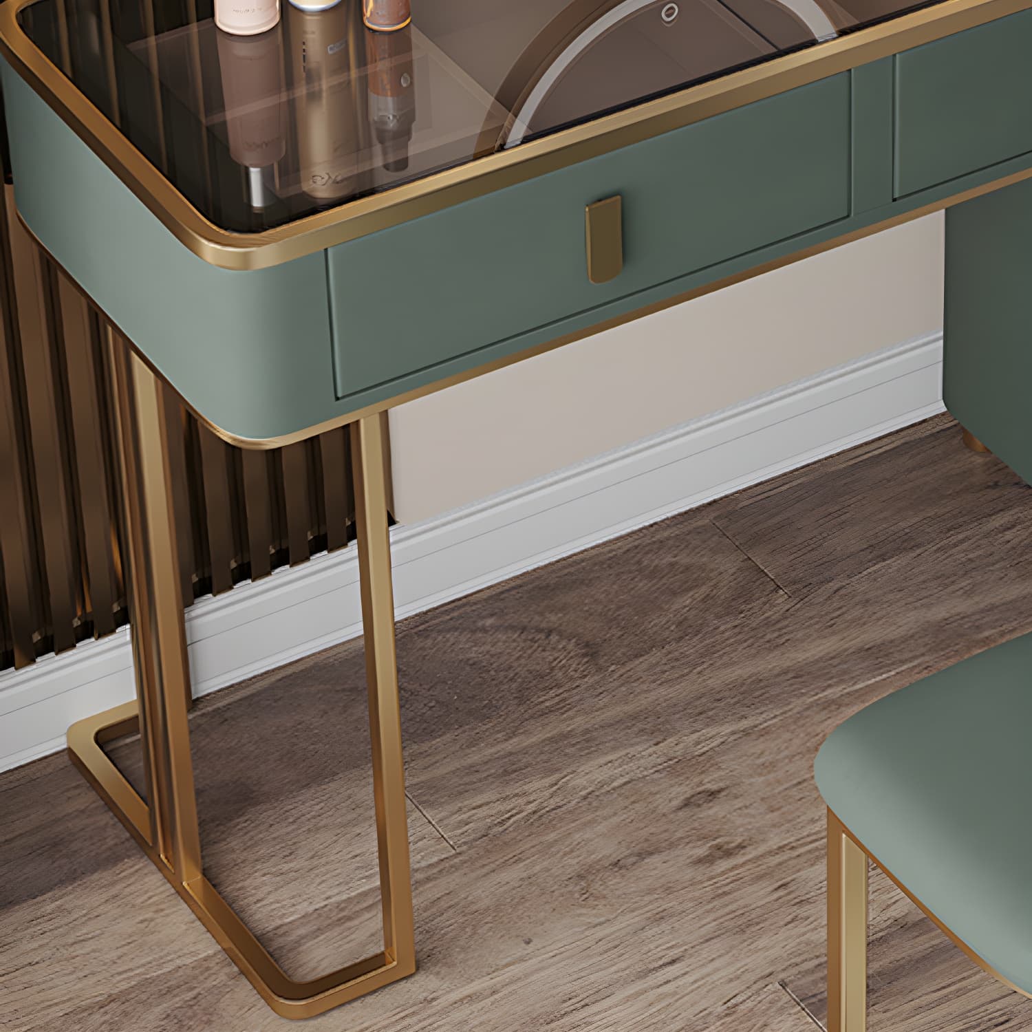 Glass Top Dressing Table Solid Wood Green Make-up Vanity with Drawers thumbnail 8