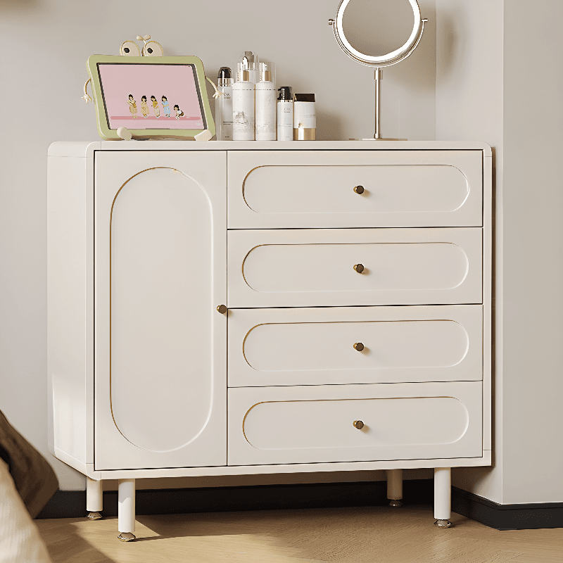 Chalk Modish Composite Wood Console Dresser with 5 Drawers and Hutch, 3 Interior Shelves, Horizontal