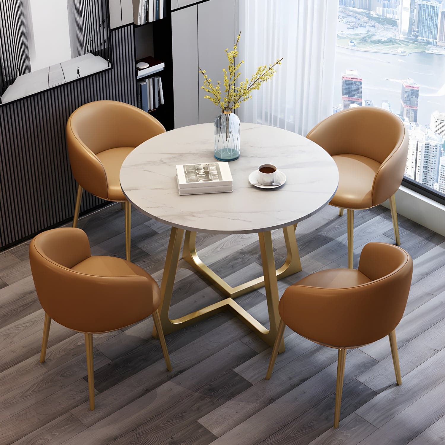 5-Piece Glam Dining Set Round White Table with Gold Metal Base and Upholstered Chairs thumbnail 3