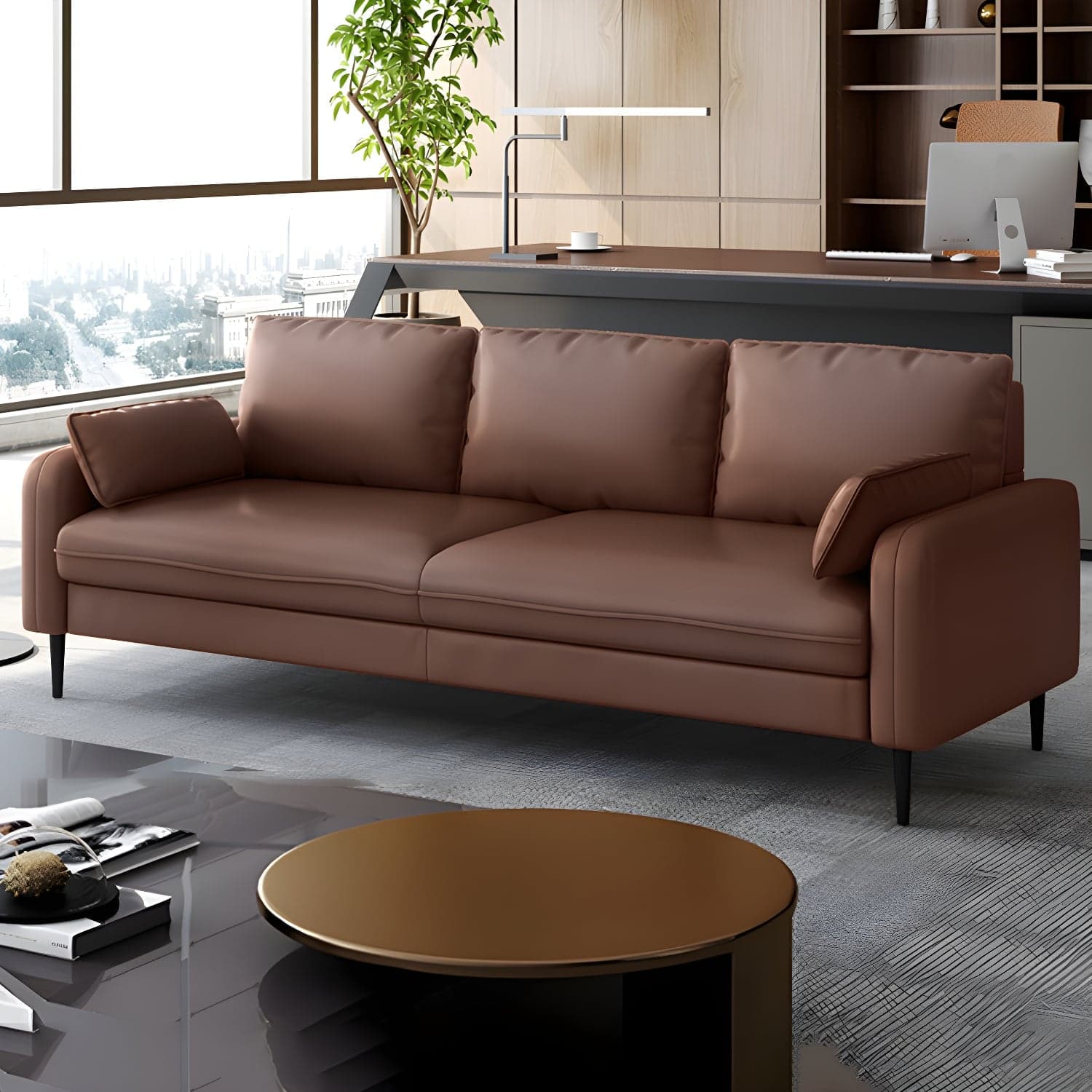 3-Seater Faux Leather Sofa Mid Century Loose Back Square Arm Settee thumbnail 2