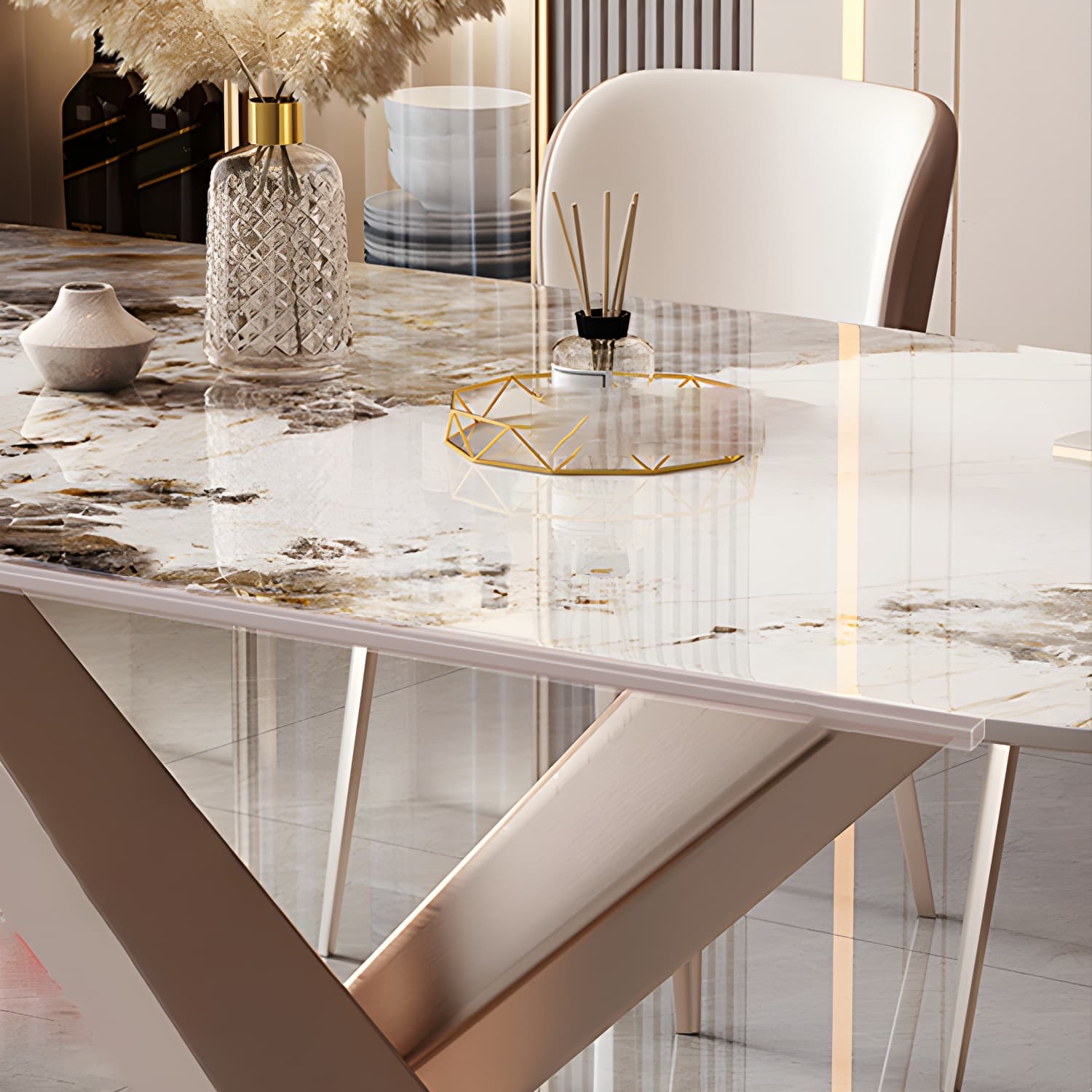 Modern Metal Dining Table in White with Pedestal Base and Violet Accents thumbnail 7