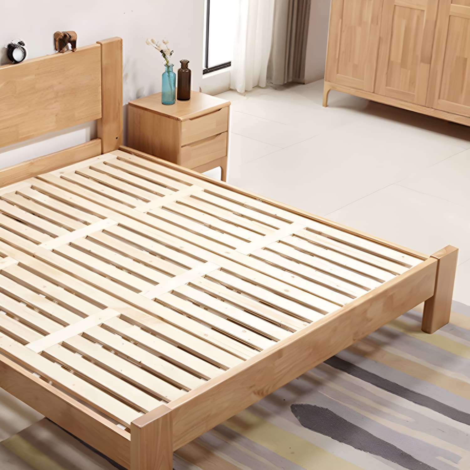 Modern Solid Color Panel Bed Rubberwood Standard Bed with Headboard thumbnail 9