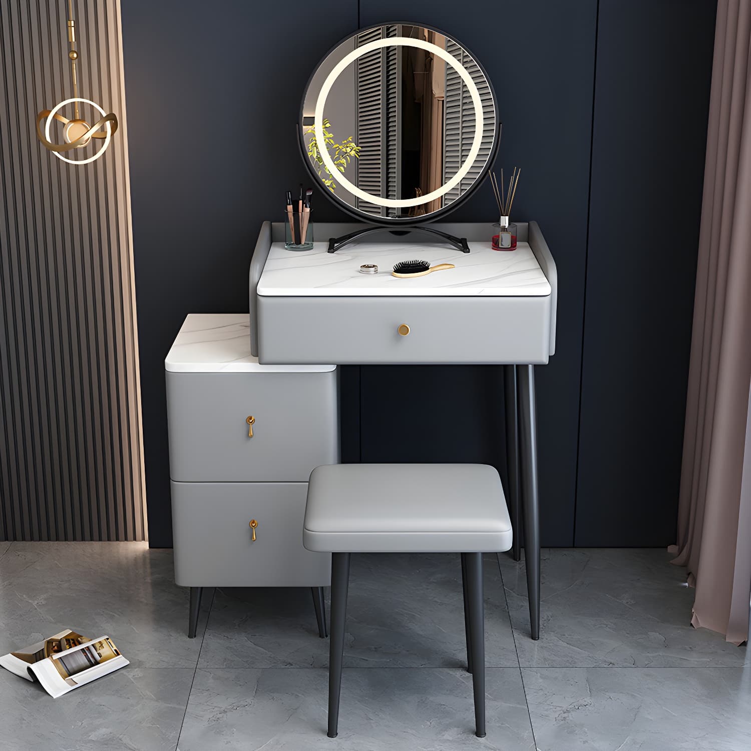 Contemporary Make-up Vanity with Stone Top and Metal Legs for Bedroom thumbnail 5