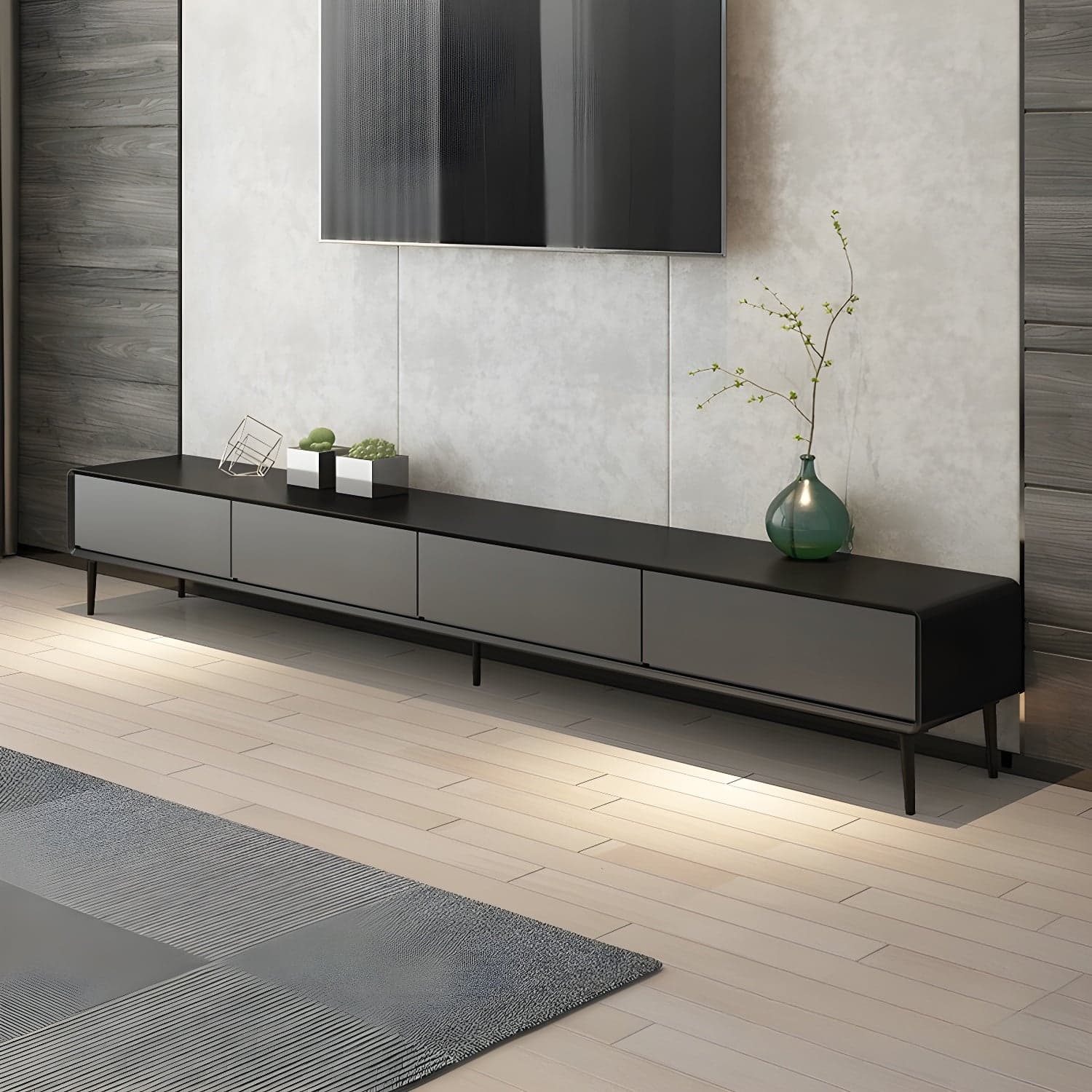 Modern Wooden Long and Low TV Stand with 4 Drawers, No Assembly Required, Dark Tone thumbnail 2