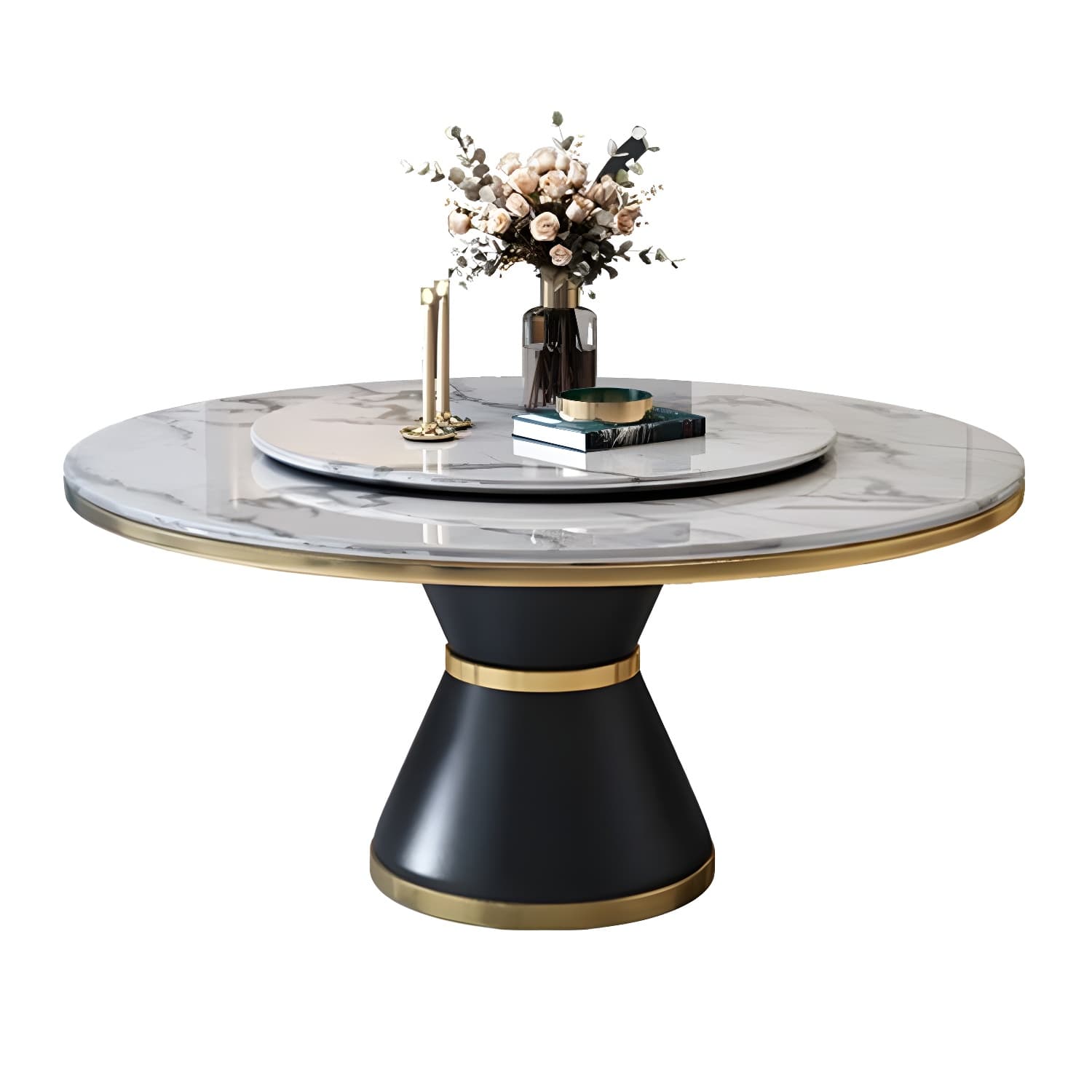 Glam Round Marble Dining Set in White with Black Metal Pedestal Base - 1/5/7 Piece Set thumbnail 5