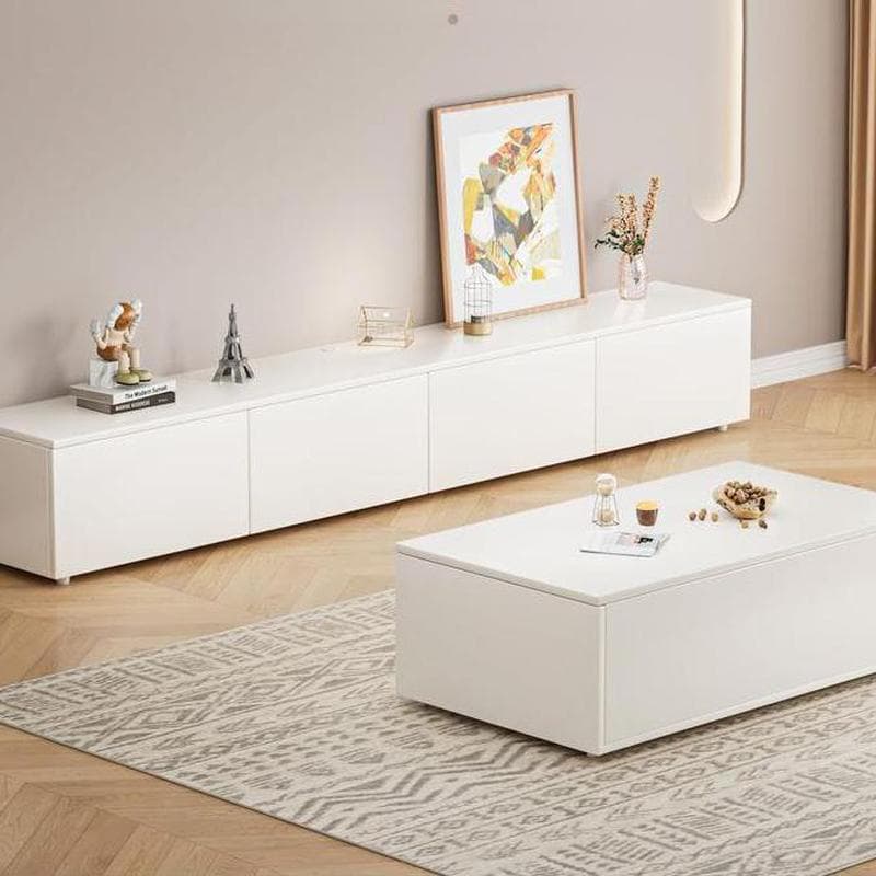 White Modern TV Stand with Low Height, Drawers, and Cable Management - Easy Full Assembly thumbnail 3