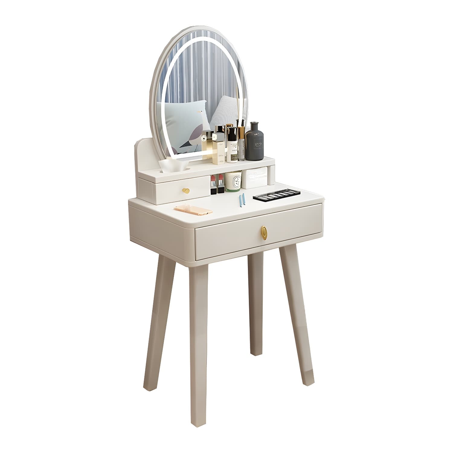 Modern Wood Makeup Vanity with Drawers, Mirror & Upholstered Chair thumbnail 16