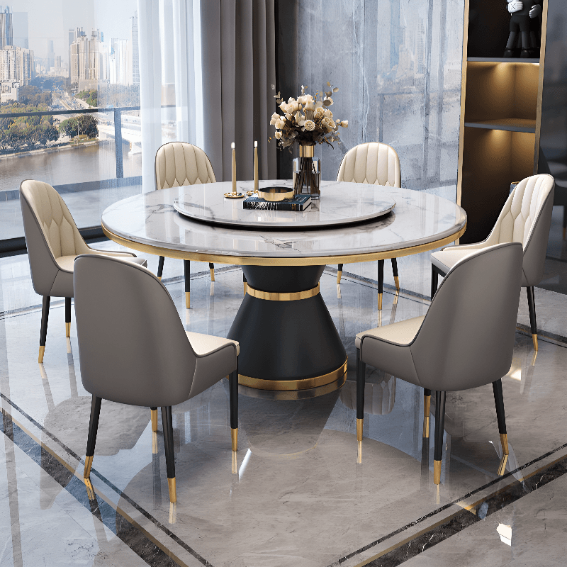 Circular Slate Dining Table Set with Pedestal Base, Upholstered Swivel Chairs, and Upholstered Back thumbnail 4