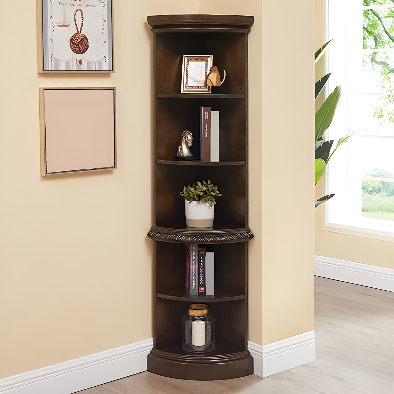 Solid Wood Triangle Corner Cabinet in Rubber Wood with Storage Shelves thumbnail 4