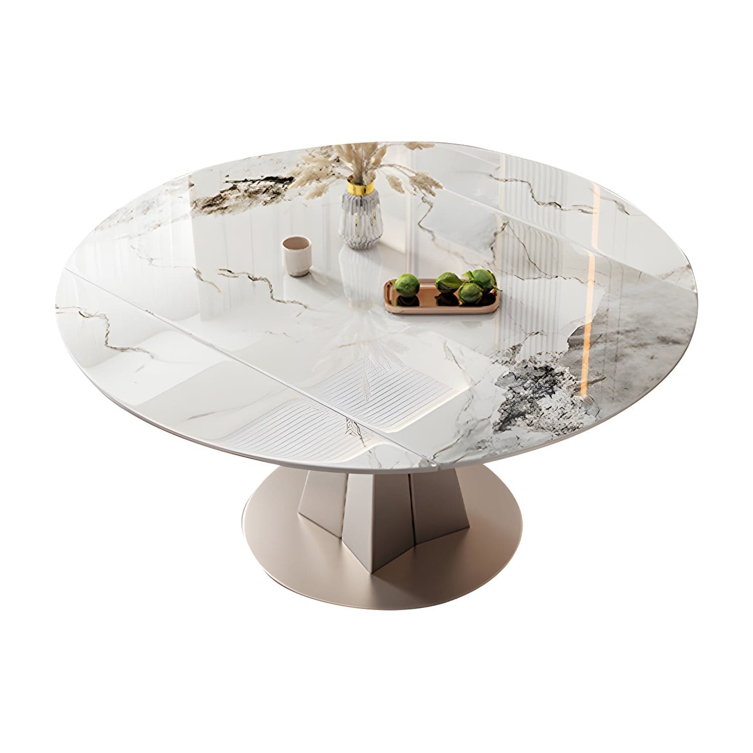 Round Metal Dining Set in White with Gold Pedestal Base and Self-Storing Leaf - 5 Piece Set thumbnail 2
