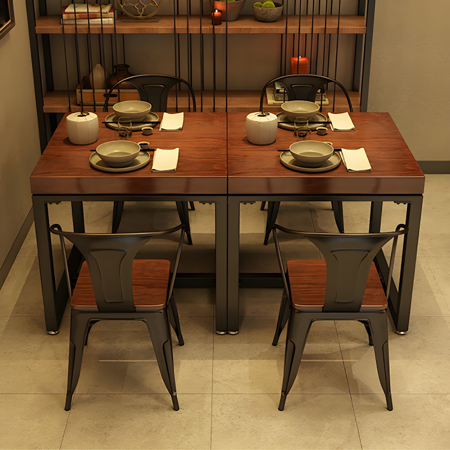 Solid Wood Top Dining Table Industrial Square Black Iron Trestle Base Table thumbnail 11
