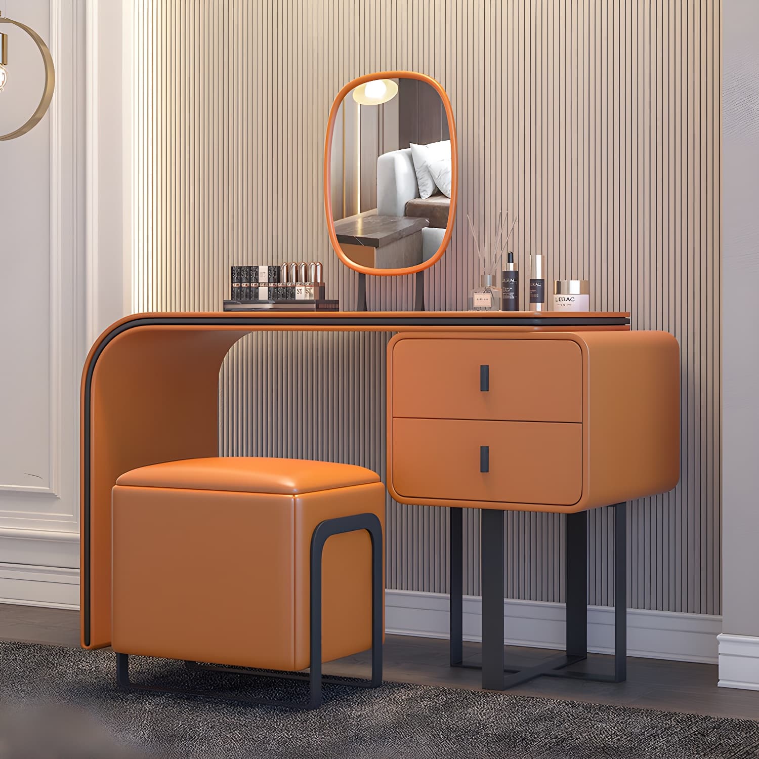 Glam Vanity Set With Drawer Leather Mirror Bedroom Make-up Vanity thumbnail 3