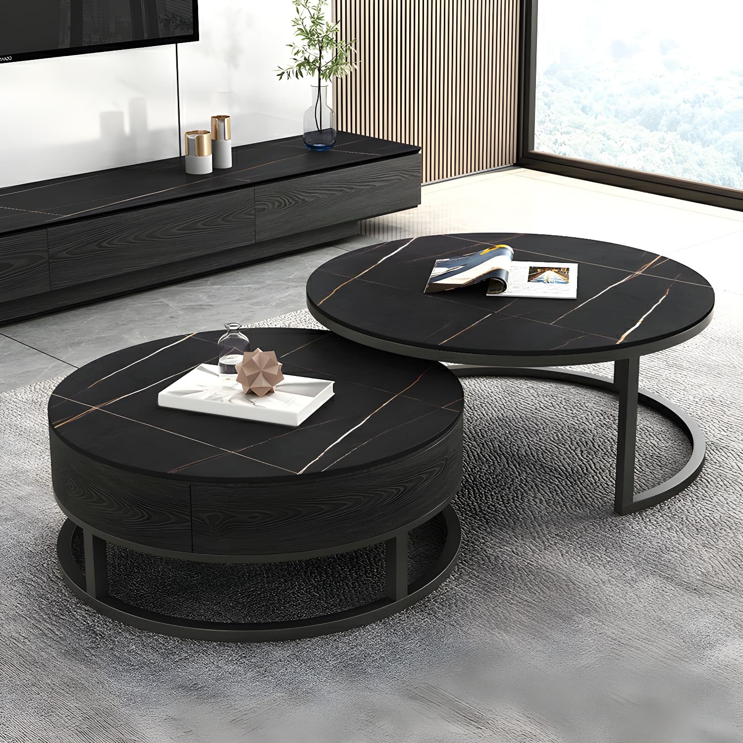 Set of 2 Round Stone Top Modern Nesting Tables with Black Metal Frames and Drawers Included thumbnail 8