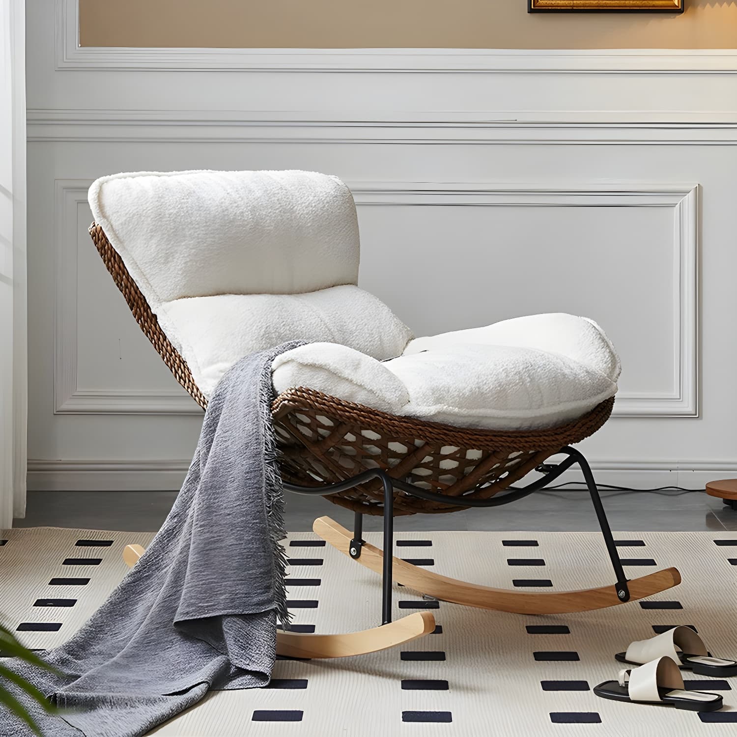 Elegant Walnut Wood Rocking Chair for Modern Living - Upholstered Seating and Stylish Track Arms thumbnail 7