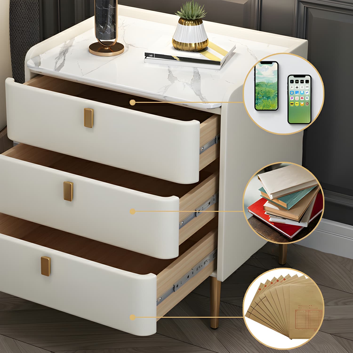 Glam Style Sintered Stone Top Drawer Storage Nightstand for Bedroom thumbnail 30