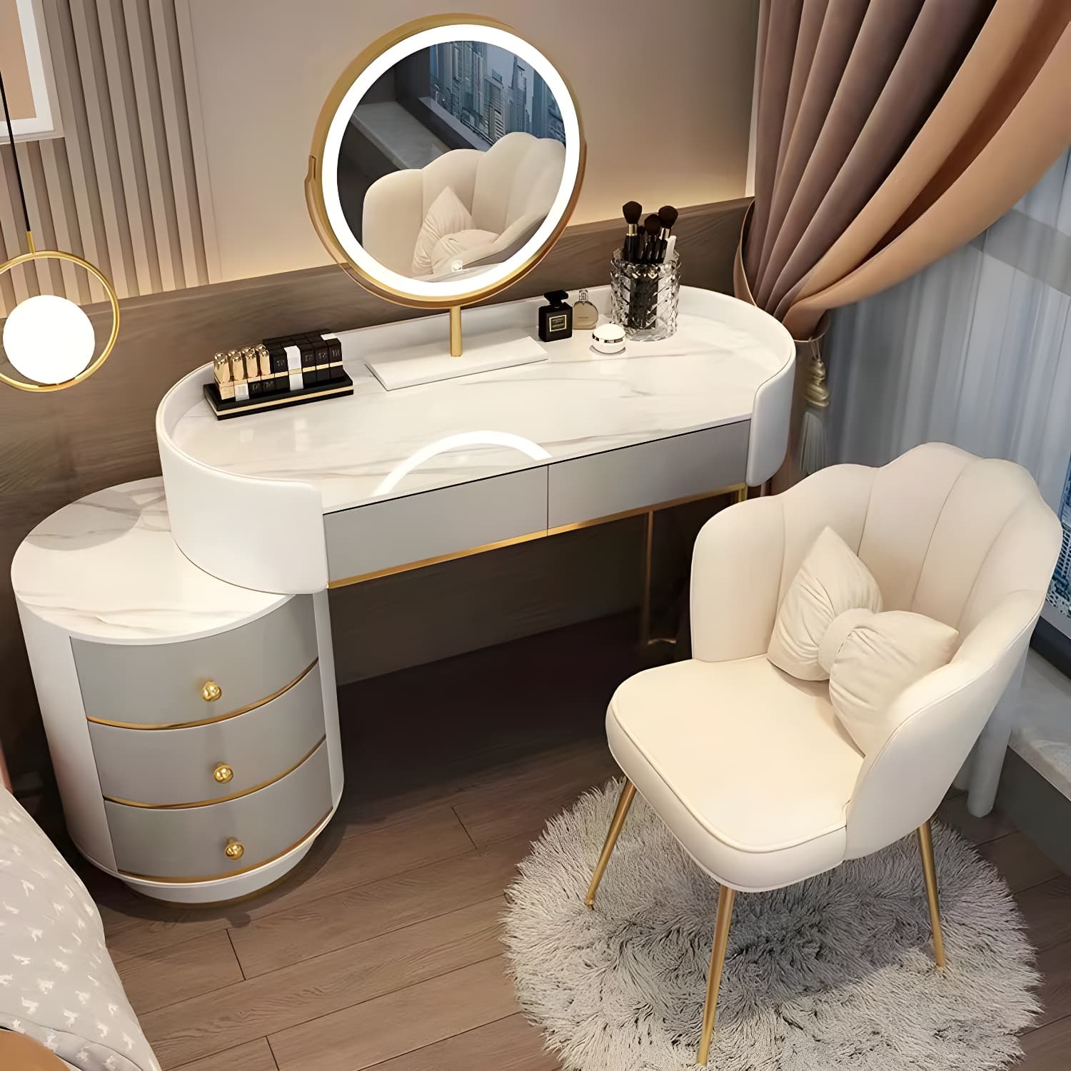Contemporary Bedroom Metallic Lighted Mirror With Drawer Makeup Vanity Set thumbnail 5