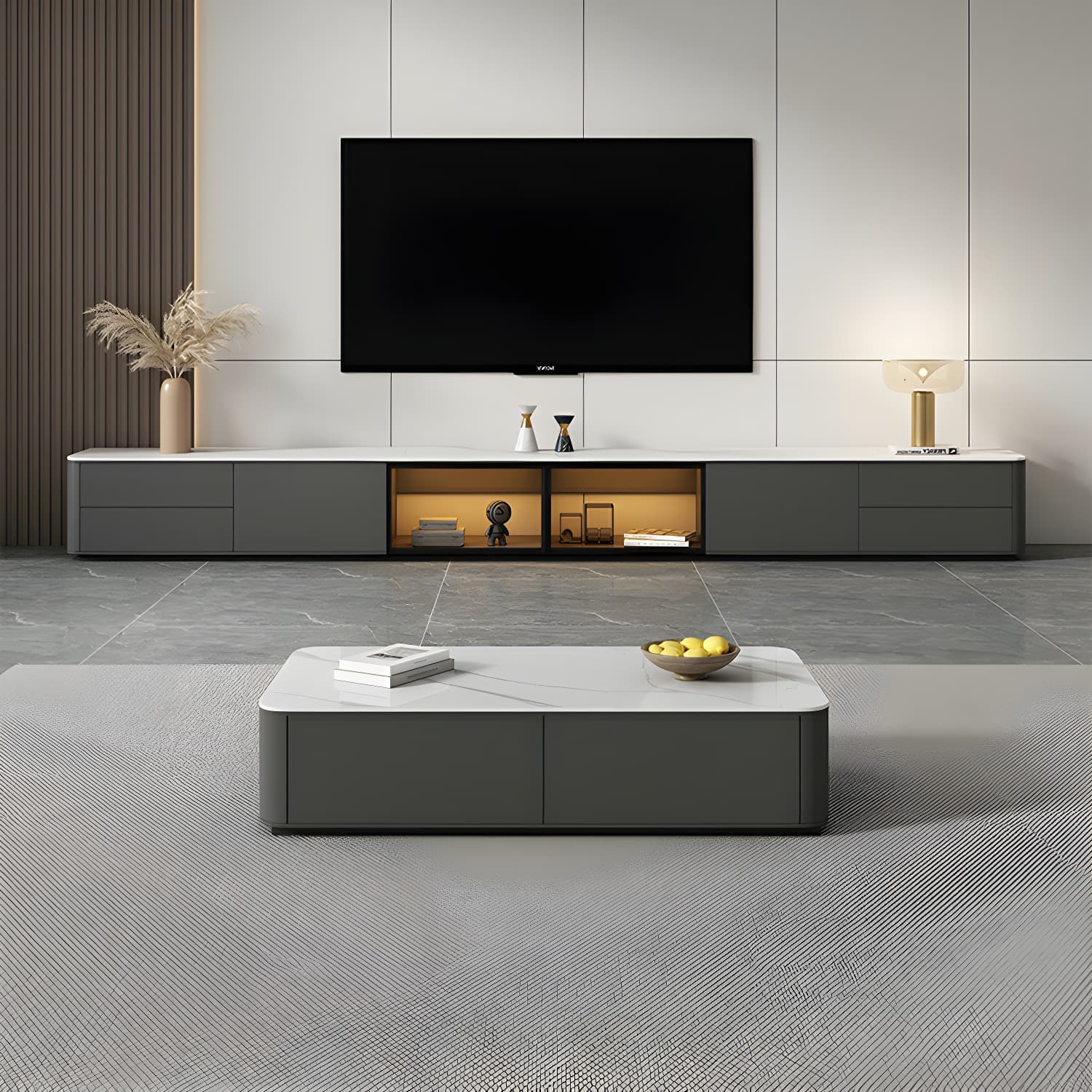 Grey Stone TV Stand with Drawers and Cabinet and No Cable Management for Modern-Style Long TVs thumbnail 10