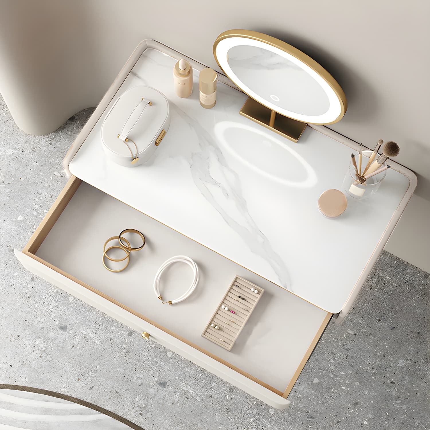 Glam Style Off-white Slate Countertop Wall Mounted with 1/2 Drawer Dresser thumbnail 3