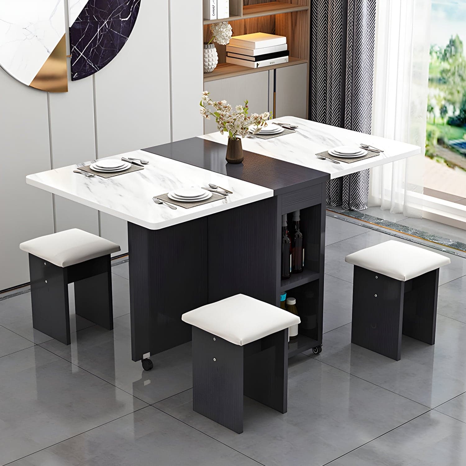 5-Piece Modern Wood Dining Set with Rectangle Table and White Backless Stools thumbnail 7