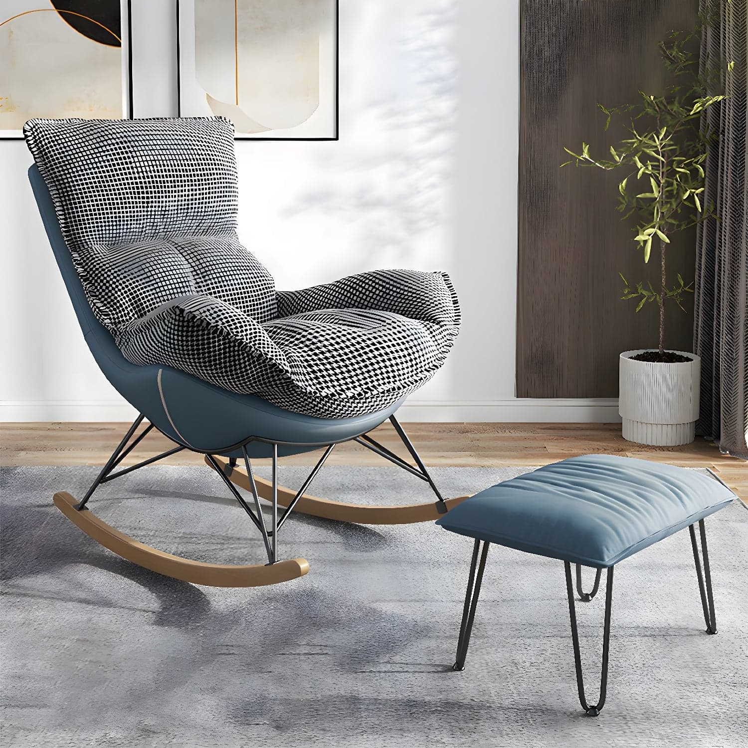 Modern Upholstered Rocking Chair and Ottoman Set - Natural Wood Legs, Stylish Design for Home Decor thumbnail 2