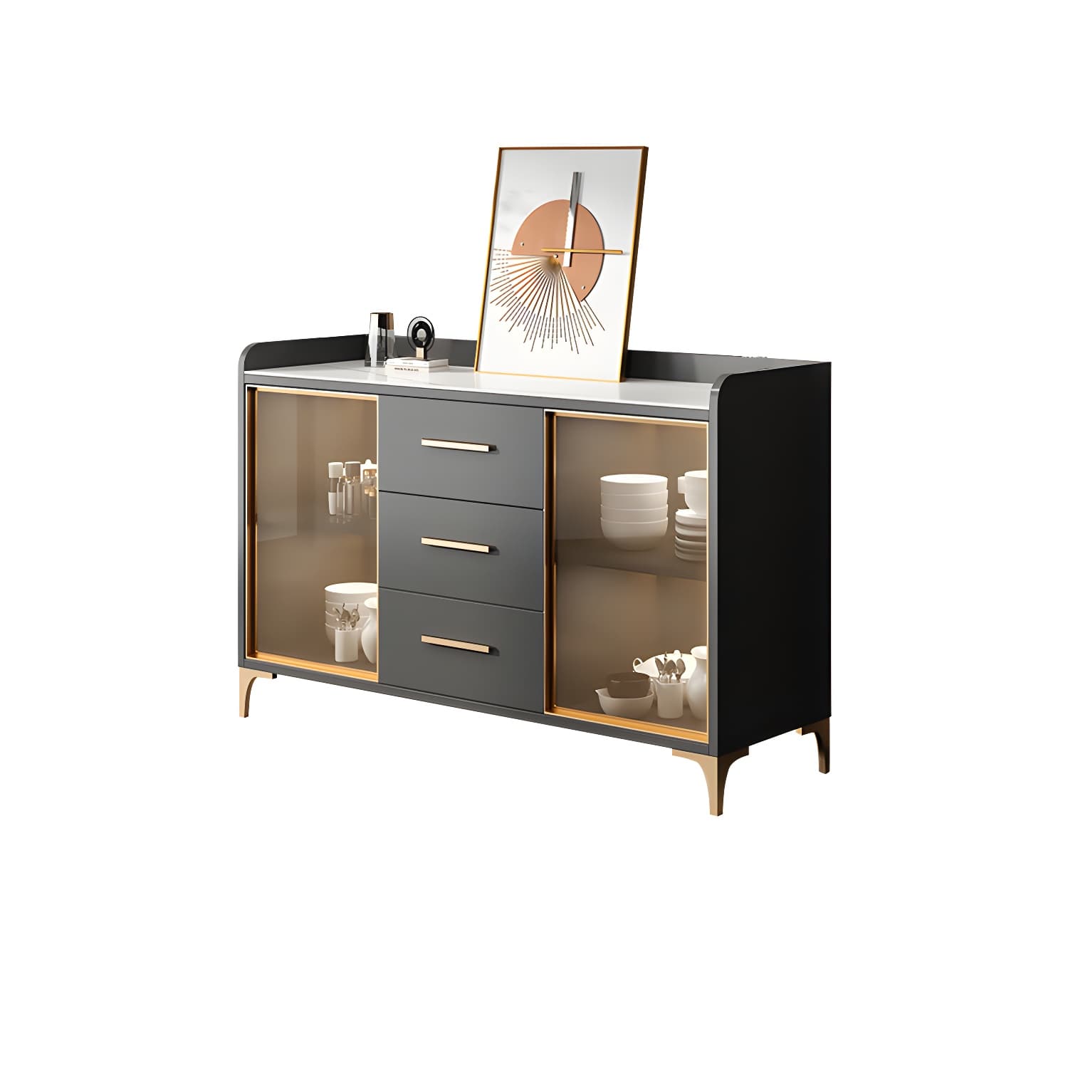 Glam Style Sideboard Wood Glass Doors Side Board with Cabinets and Drawers without Light thumbnail 16