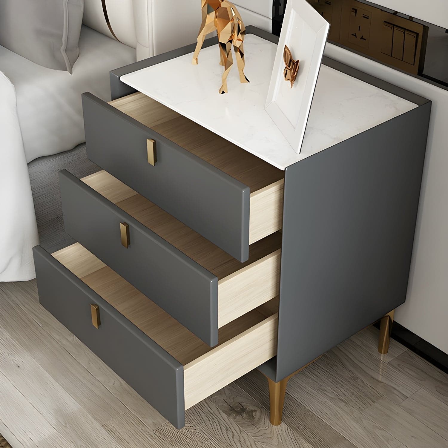 Glam Style Sintered Stone Top 3-Drawer Nightstand with Legs for Bedroom thumbnail 11