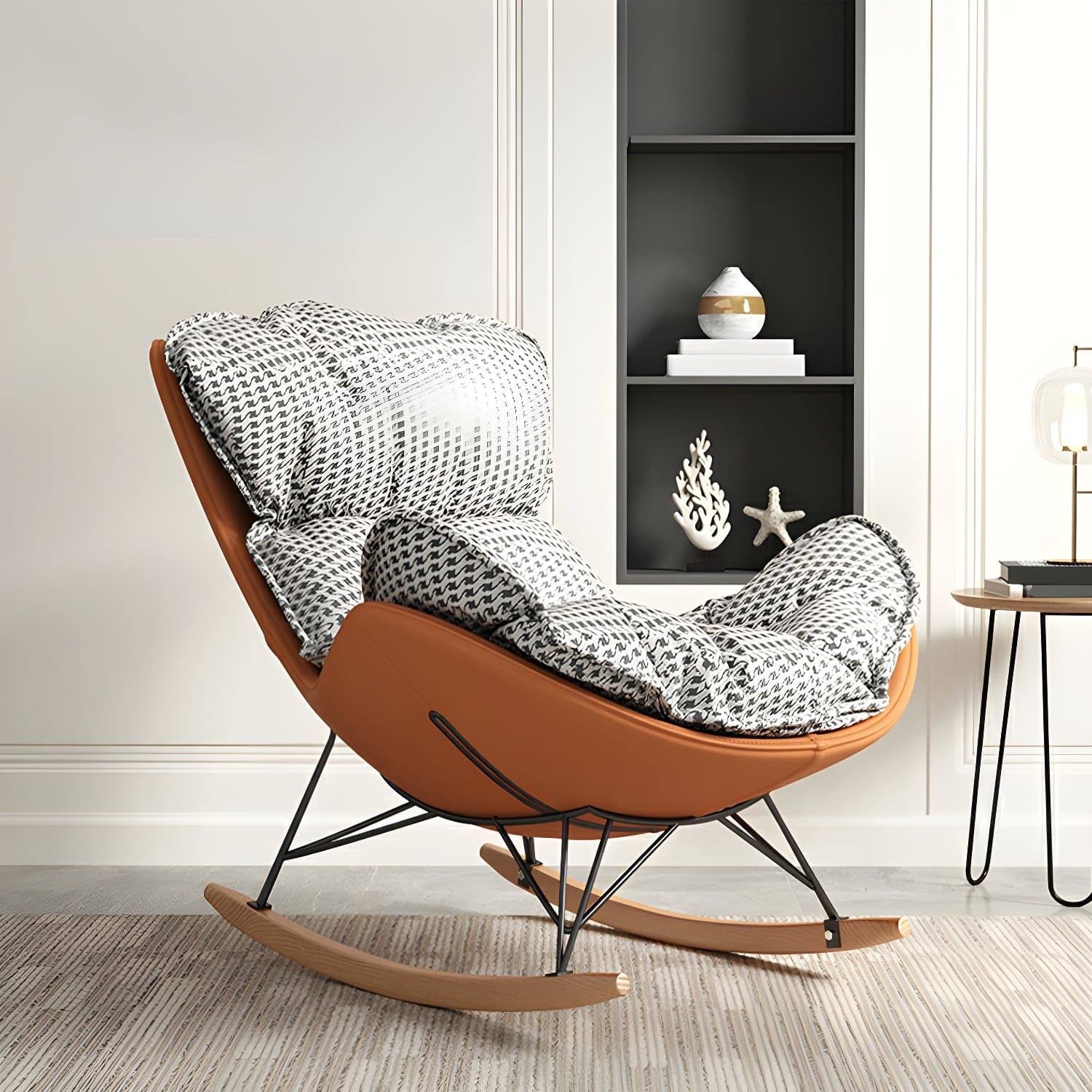 Modern Metal Rocking Chair with Upholstered Seat - Brown Legs, Removable Cushions thumbnail 6
