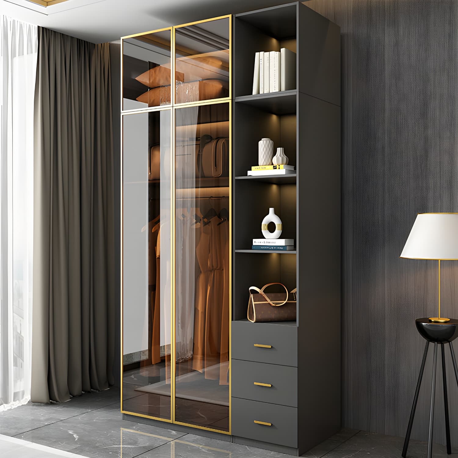 Modern Glass Wardrobe Wardrobe Armoire Wardrobe Cabinet for Home thumbnail 4