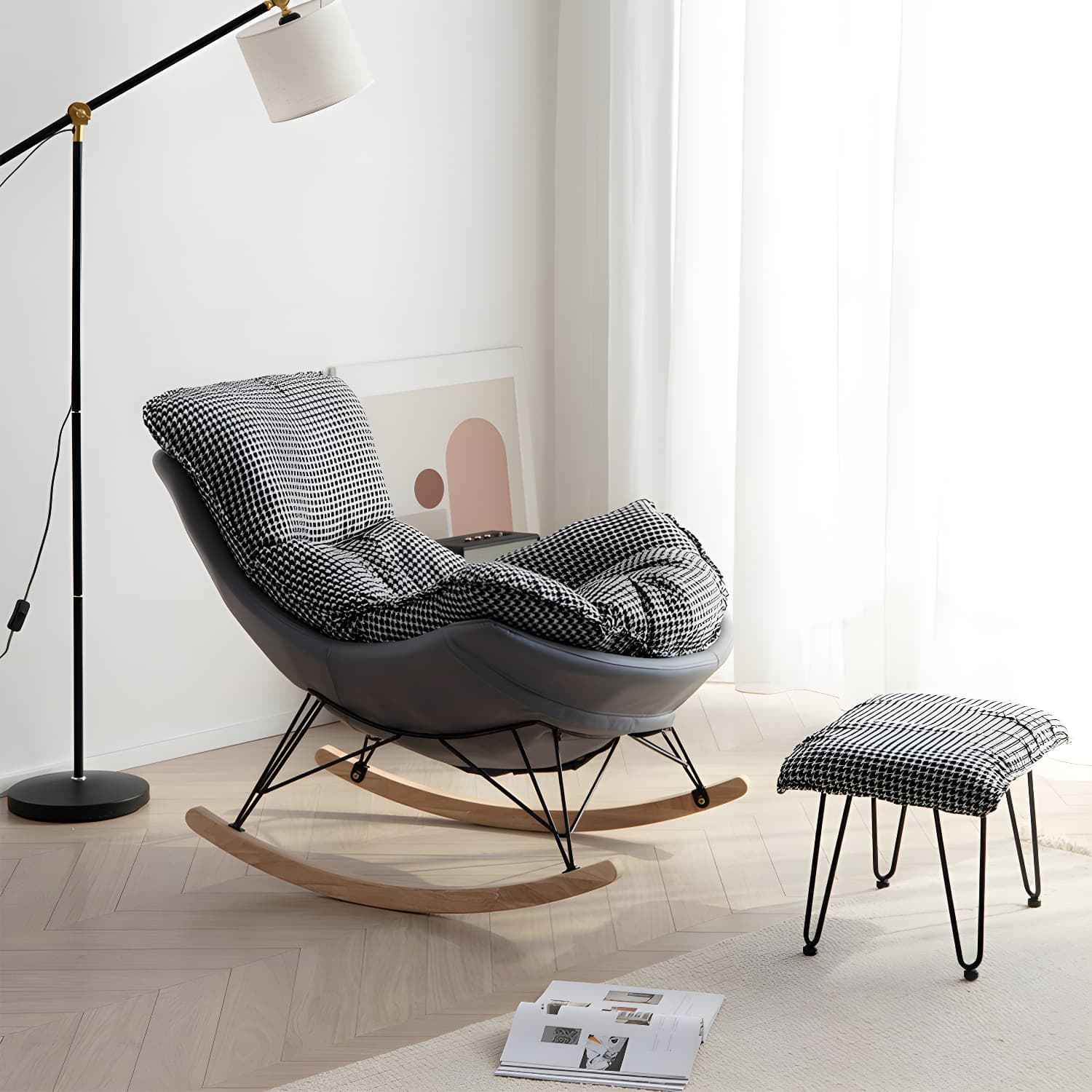 Modern Rocking Chair with Ottomans - Metal Frame, Removable Cushions, and Armless Design thumbnail 11