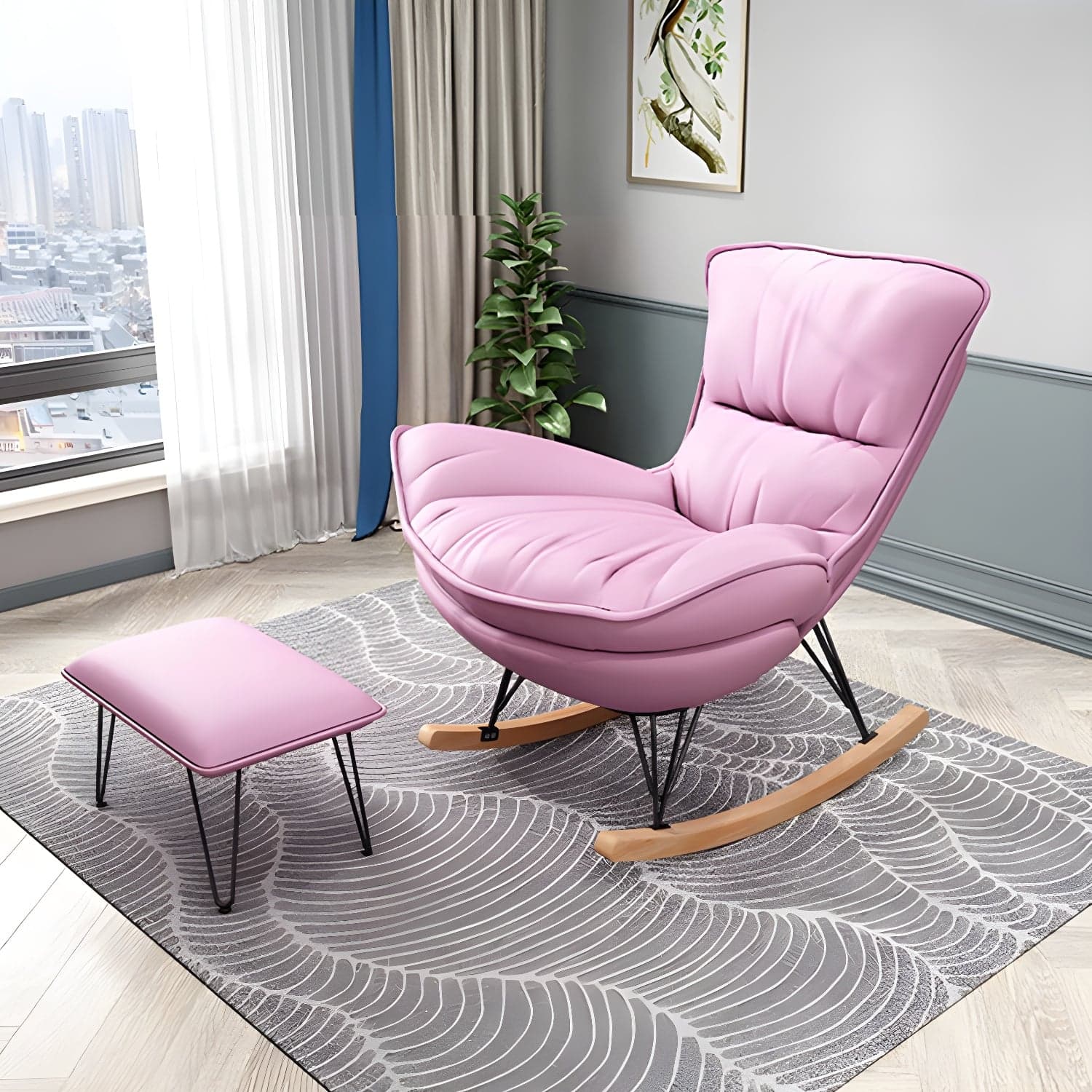 Stylish Modern Indoor Rocking Chair with Ottoman - Upholstered Seat and Natural Wood Legs thumbnail 8