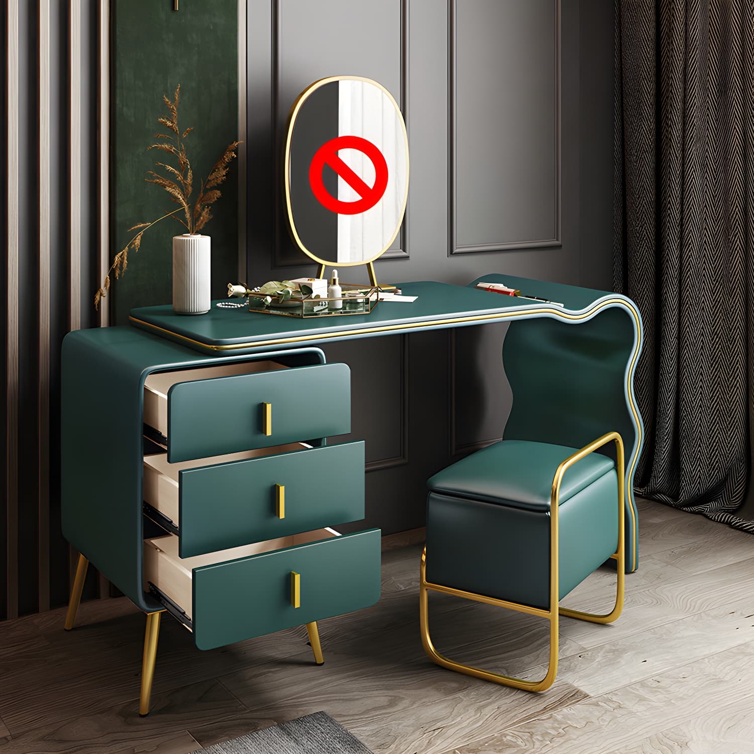 3 Drawers Make-up Vanity Set, 28.74" H Leather Vanity with Stool & Mirror thumbnail 5